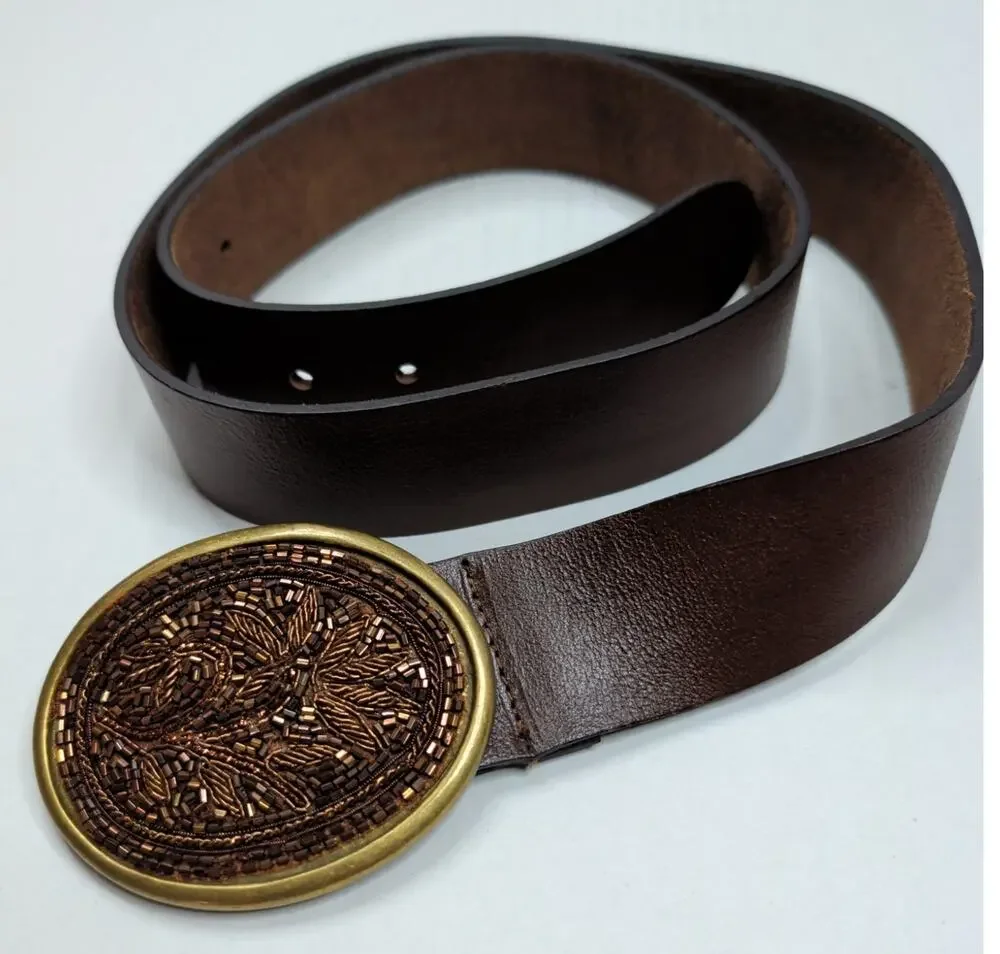 Full Grain Leather Belt Western Beaded Applique Floral Brass Buckle 44